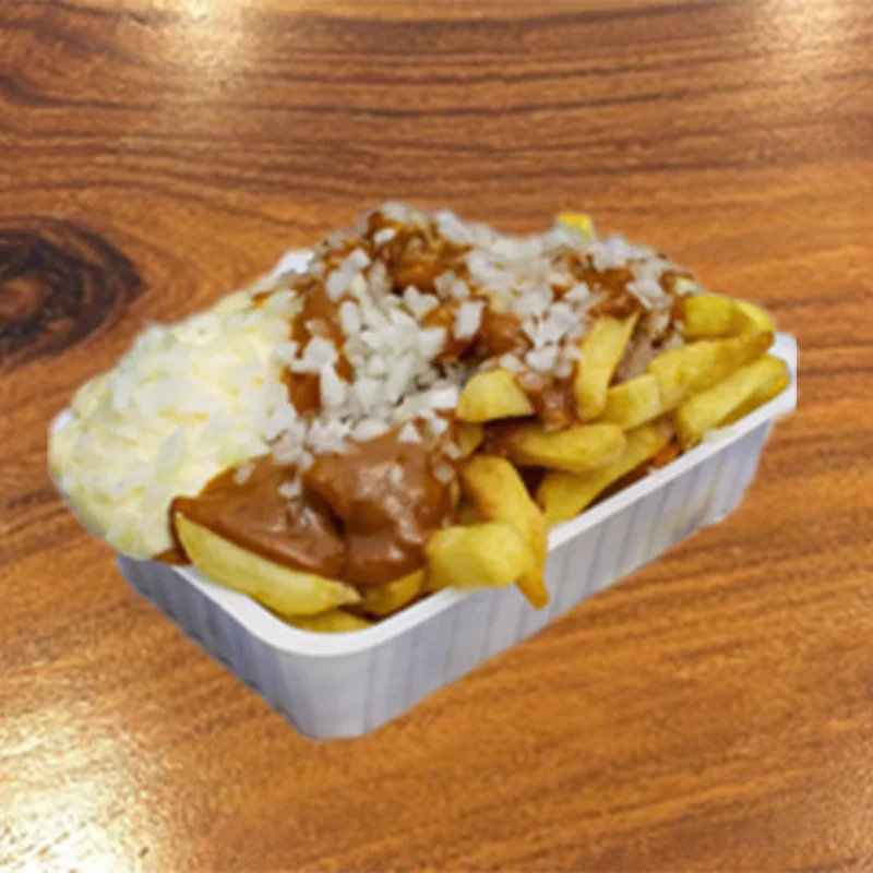 Patatje oorlog – Dutch fries with chopped onion, mayonnaise and hot homemade peanut sauce